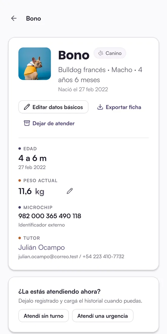 Ficha de Bono: edad, peso, microchip y el tutor con su teléfono, más los botones de editar y exportar la ficha