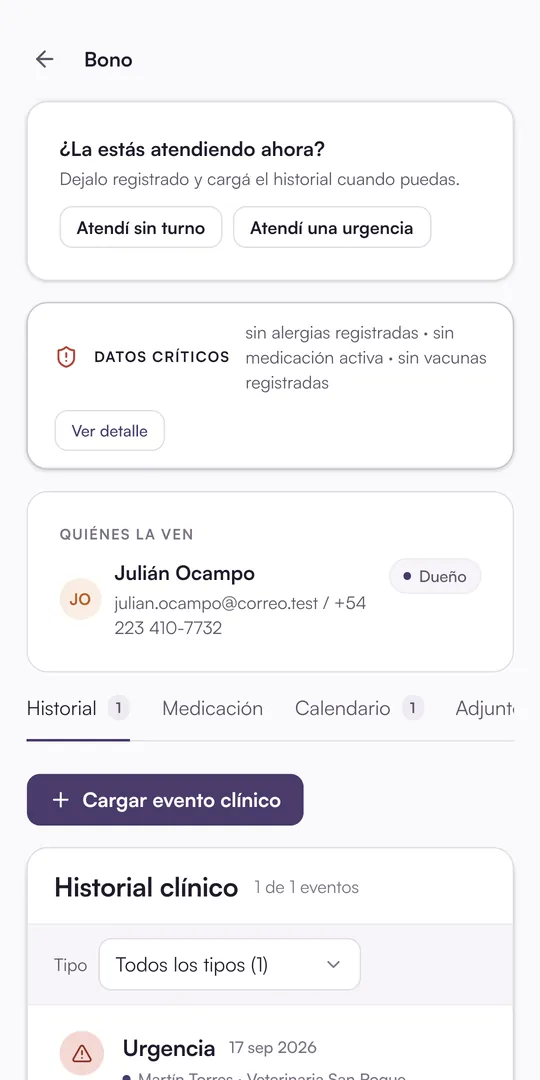 Historial clínico de Bono: los datos críticos, quiénes ven la ficha y el botón de cargar evento clínico