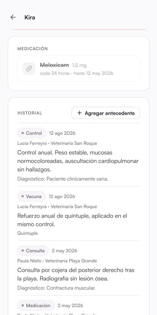 Historial de Kira: un control y una vacuna cargados por Lucía Ferreyra, y una consulta por cojera de otra veterinaria